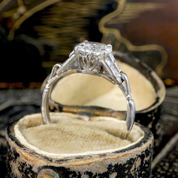 Vintage 1.12 Carat Diamond Ring With Diamond Set Staged Shoulders In Platinum