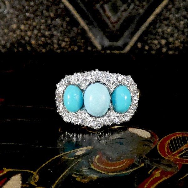 Victorian Turquoise And Old Cut Diamond Triple Cluster Ring In 18 Carat Yellow And White Gold