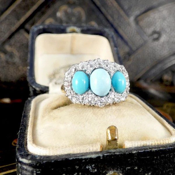 Victorian Turquoise And Old Cut Diamond Triple Cluster Ring In 18 Carat Yellow And White Gold