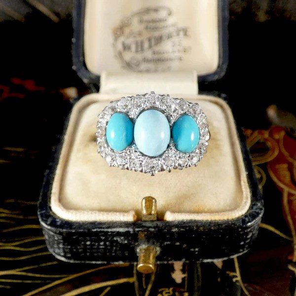 Victorian Turquoise And Old Cut Diamond Triple Cluster Ring In 18 Carat Yellow And White Gold
