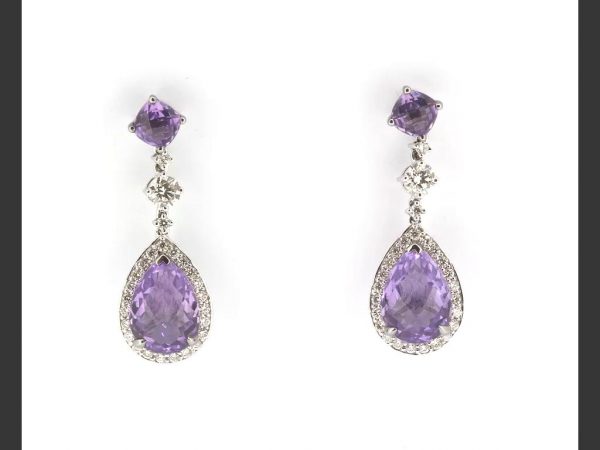 Amethyst and diamond drop earrings, 8.87 carats in total gemstones, 18ct white gold