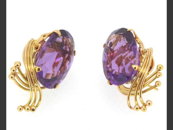 Amethyst stud earrings, 18ct yellow gold handmade scroll setting, circa 1960's