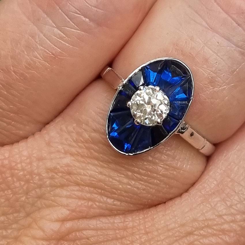 Vintage Old Cut Diamond and Sapphire Cluster Plaque Ring