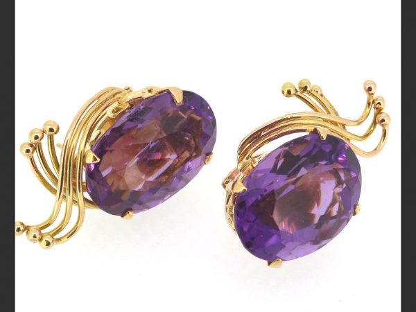 Oval-cut Amethyst stud earrings, 18ct yellow gold handmade scroll setting, circa 1960's