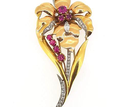 18ct Yellow Gold, Ruby and Diamond Floral Spray Brooch