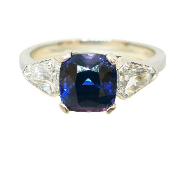 Cushion cut Sapphire and Diamond Trilogy Ring, 3.21 carat total, Platinum