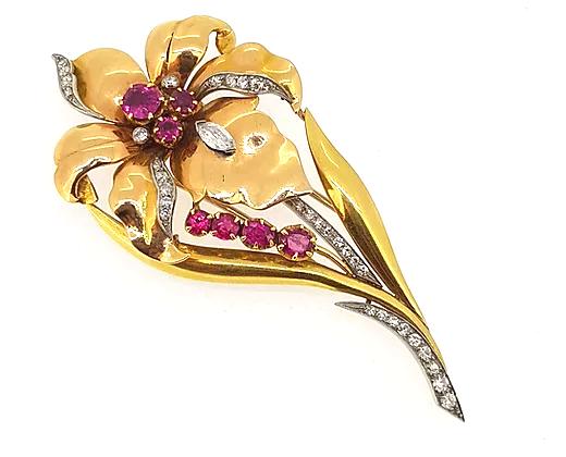 Vintage 18ct Yellow Gold, Ruby and Diamond Floral Brooch