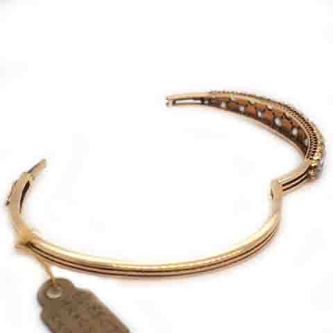 Edwardian Antique Natural Pearl and Old Cut Diamond Hinged Bangle Bracelet in 18ct Yellow Gold