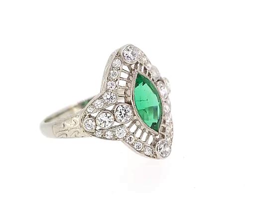 Art Deco Colombian Emerald and Diamond Navette Ring