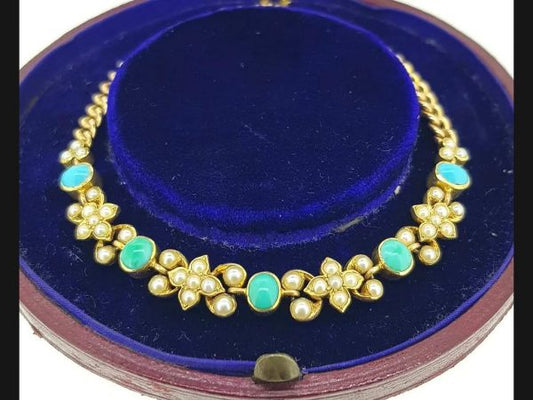Antique Edwardian Turquoise and Pearl Bracelet in 15ct Yellow Gold