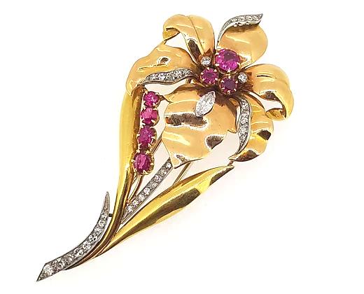 Vintage 18ct Yellow Gold, Ruby and Diamond Floral Spray Brooch