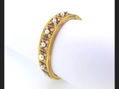 Victorian Natural Pearl and Angel Skin Coral Bangle, 15ct Yellow Gold