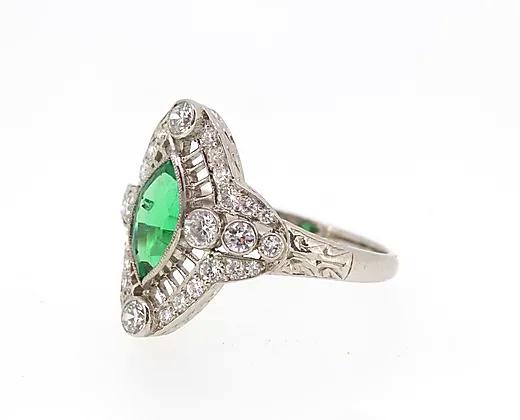 Art Deco Colombian Emerald and Diamond Navette Ring