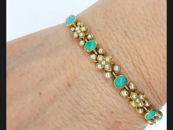 Antique Edwardian Turquoise and Pearl Bracelet in 15ct Yellow Gold