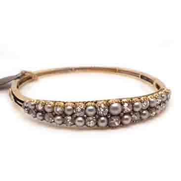 Edwardian Antique Natural Pearl and Old Cut Diamond Hinged Bangle Bracelet in 18ct Yellow Gold