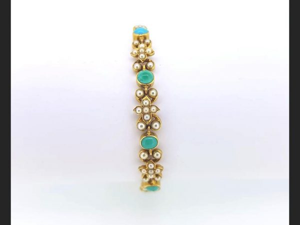 Antique Edwardian Turquoise and Pearl Bracelet in 15ct Yellow Gold