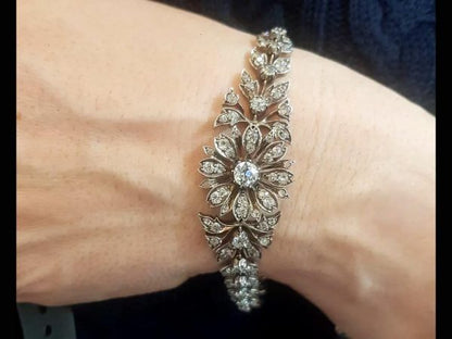 Victorian old-cut diamond bracelet, intricate floral pattern, in silver and gold