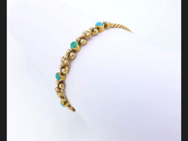 Antique Edwardian Turquoise and Pearl Bracelet in 15ct Yellow Gold