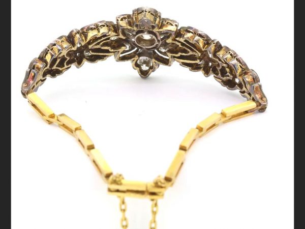 Antique Old-Cut Diamond Bracelet, set with 6.00 carats old-cut diamonds in a delicate floral pattern, set into silver on a high carat bracelet