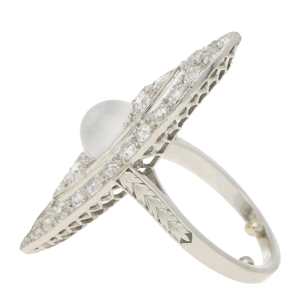 Antique Art Deco Marquise Shaped Diamond and Moonstone Cocktail Dress Ring in Platinum
