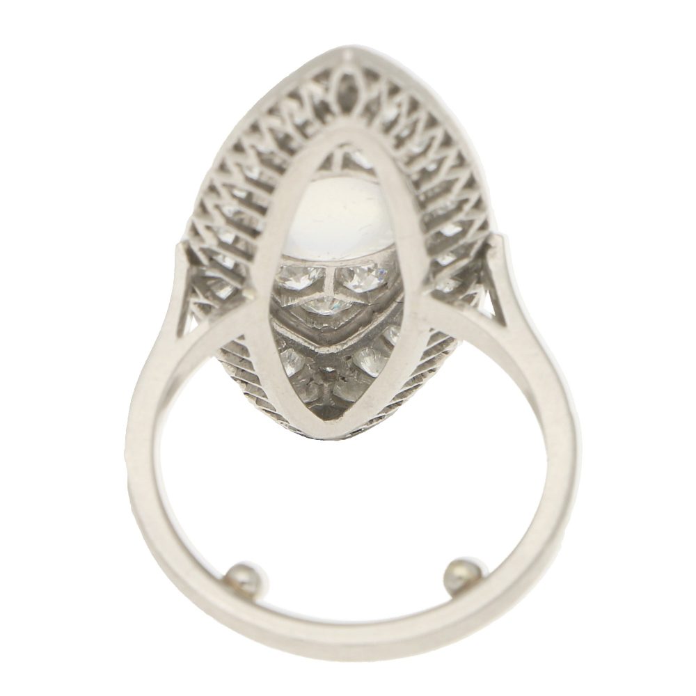 Antique Art Deco Marquise Shaped Diamond and Moonstone Cocktail Dress Ring in Platinum