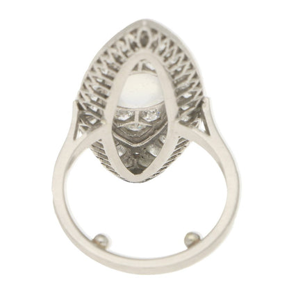 Antique Art Deco Marquise Shaped Diamond and Moonstone Cocktail Dress Ring in Platinum
