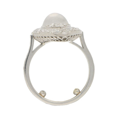 Antique Art Deco Marquise Shaped Diamond and Moonstone Cocktail Dress Ring in Platinum