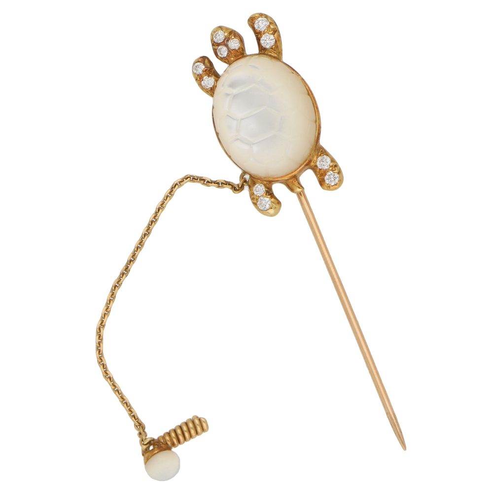 Mauboussin Moonstone and Diamond Turtle Stick Pin in 18ct Yellow Gold