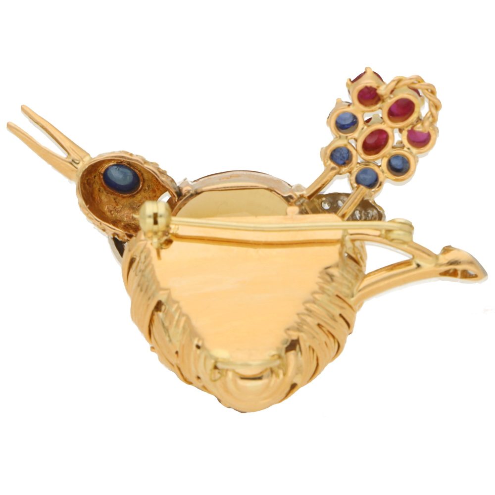 French 18ct Gold Nesting Bird Brooch with Citrine, Ruby, Sapphire and Diamond