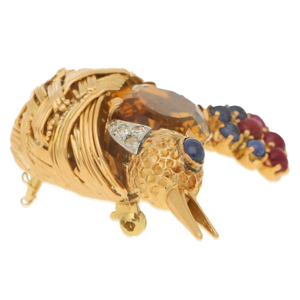 French 18ct Gold Nesting Bird Brooch with Citrine, Ruby, Sapphire and Diamond