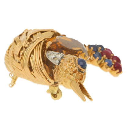 French 18ct Gold Nesting Bird Brooch with Citrine, Ruby, Sapphire and Diamond