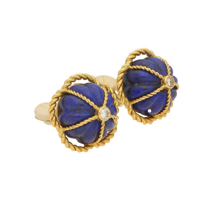 Vintage Lapis Lazuli and Diamond Domed Clip On Earrings