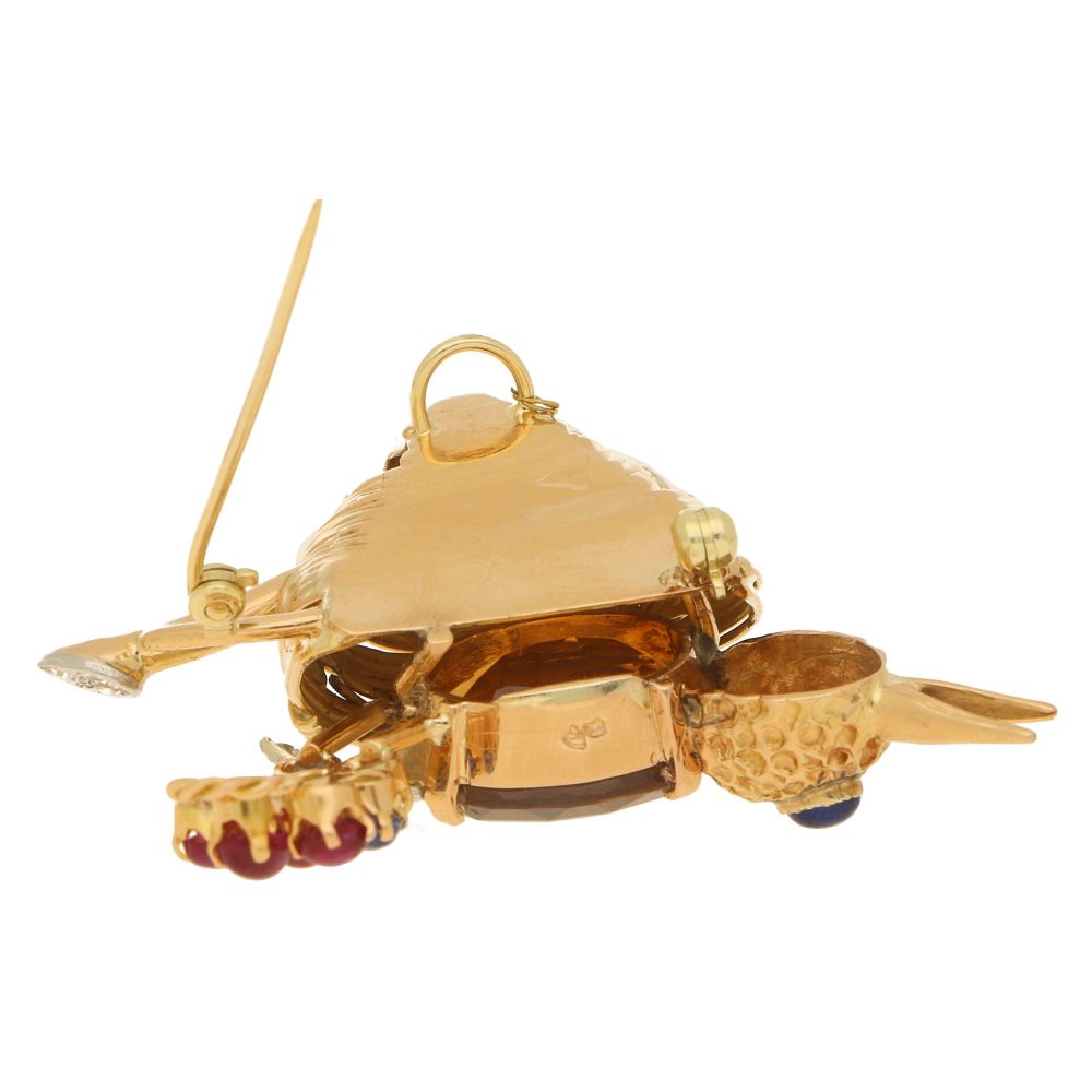 French 18ct Gold Nesting Bird Brooch with Citrine, Ruby, Sapphire and Diamond