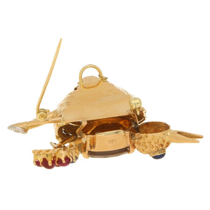 French 18ct Gold Nesting Bird Brooch with Citrine, Ruby, Sapphire and Diamond
