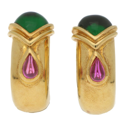 Green and pink tourmaline half hoop clip on earrings in gold