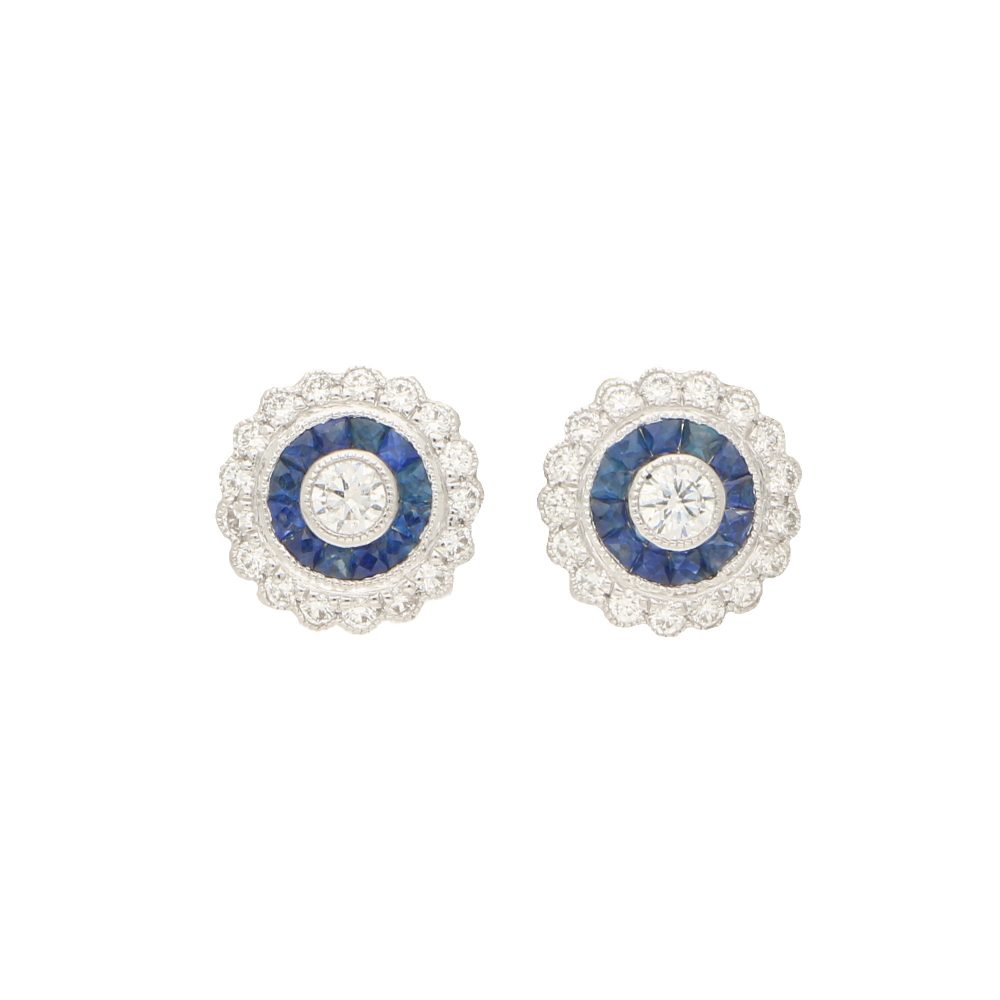 Sapphire and Diamond Target Cluster Earrings