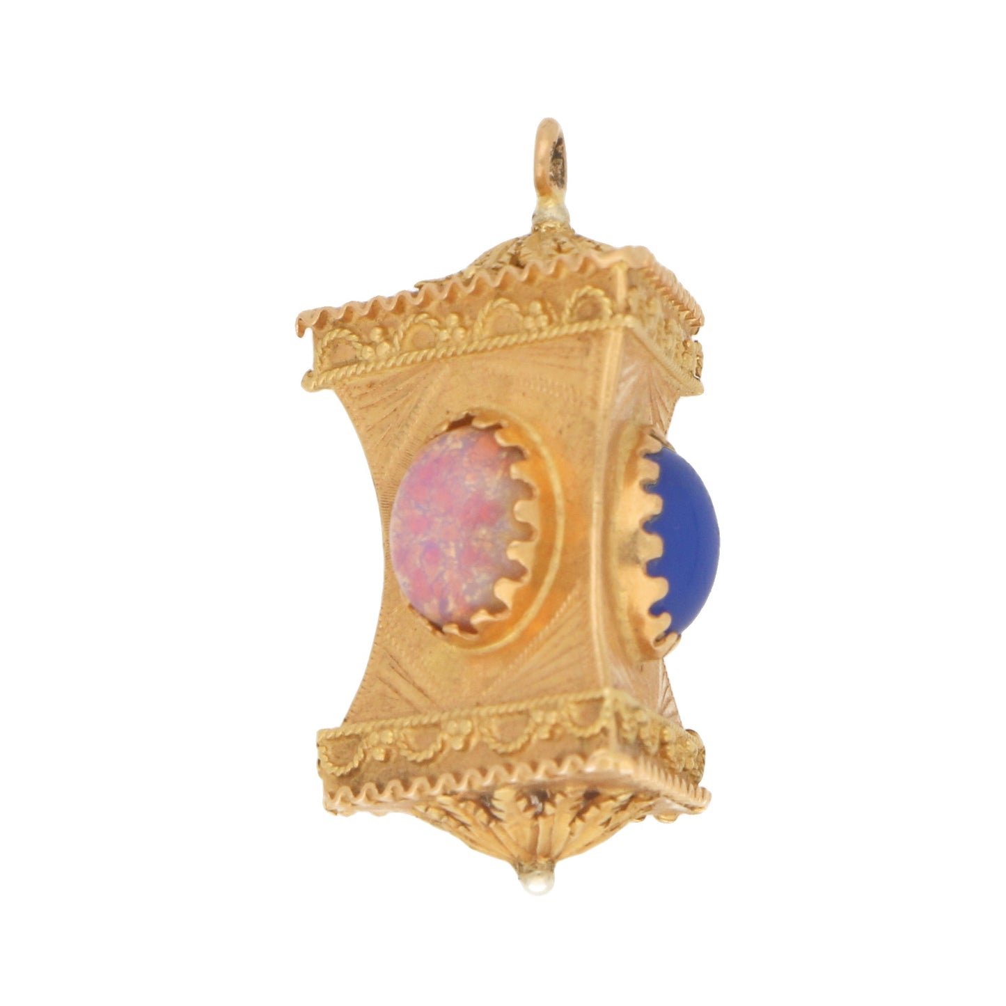 A yellow gold Chinese lantern charm with a pink and blue stone on a white background