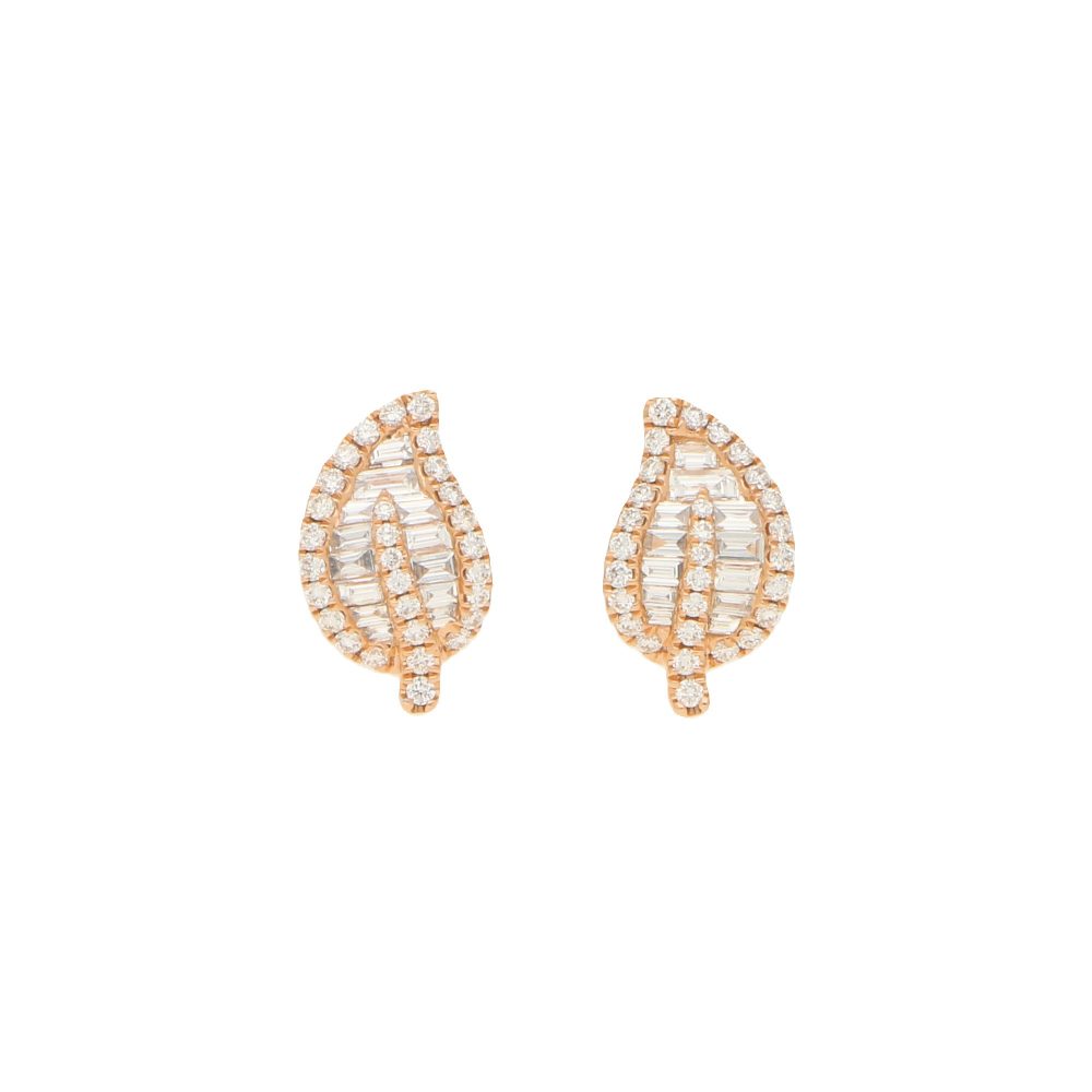 1.19ct Brilliant and Baguette Diamond Leaf Stud Earrings in Rose Gold
