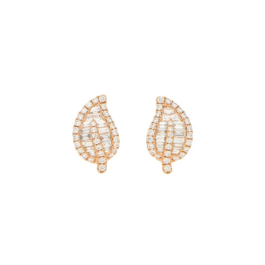 1.19ct Brilliant and Baguette Diamond Leaf Stud Earrings in Rose Gold