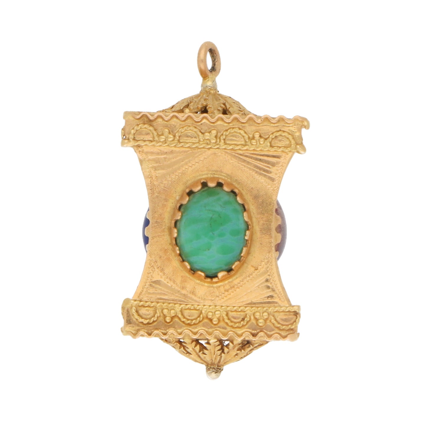 A yellow gold Chinese lantern charm with a green stone on a white background