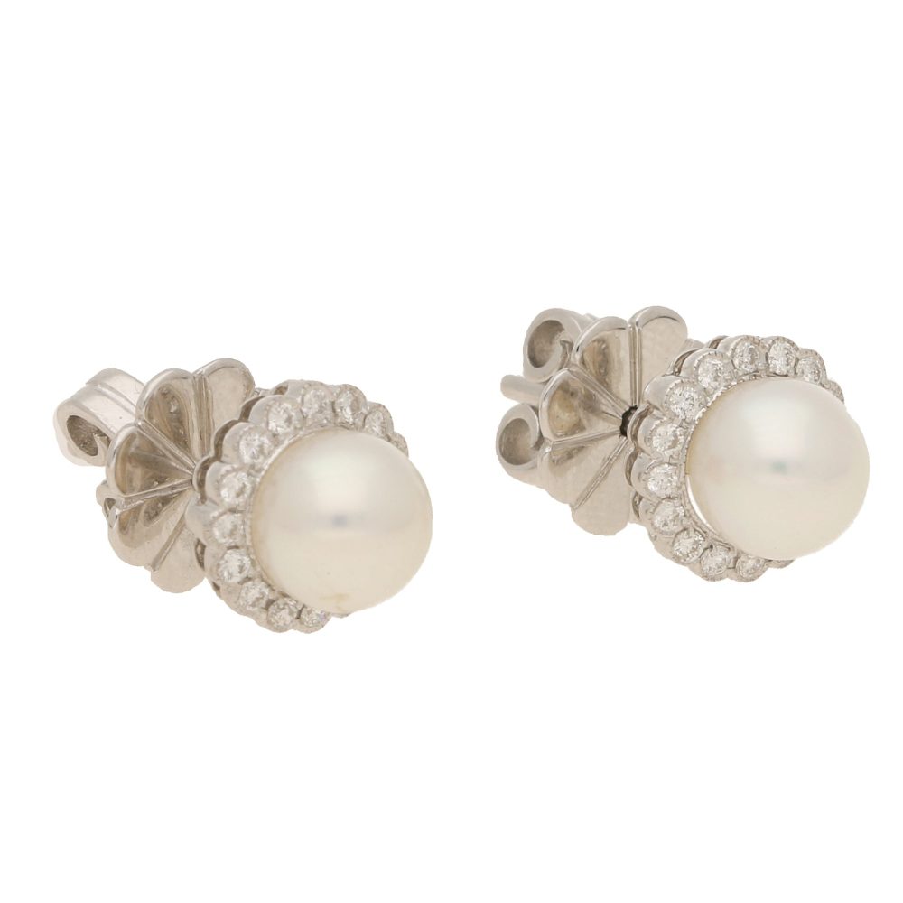 Contemporary Pearl And Diamond Cluster Stud Earrings In 18 Carat White Gold