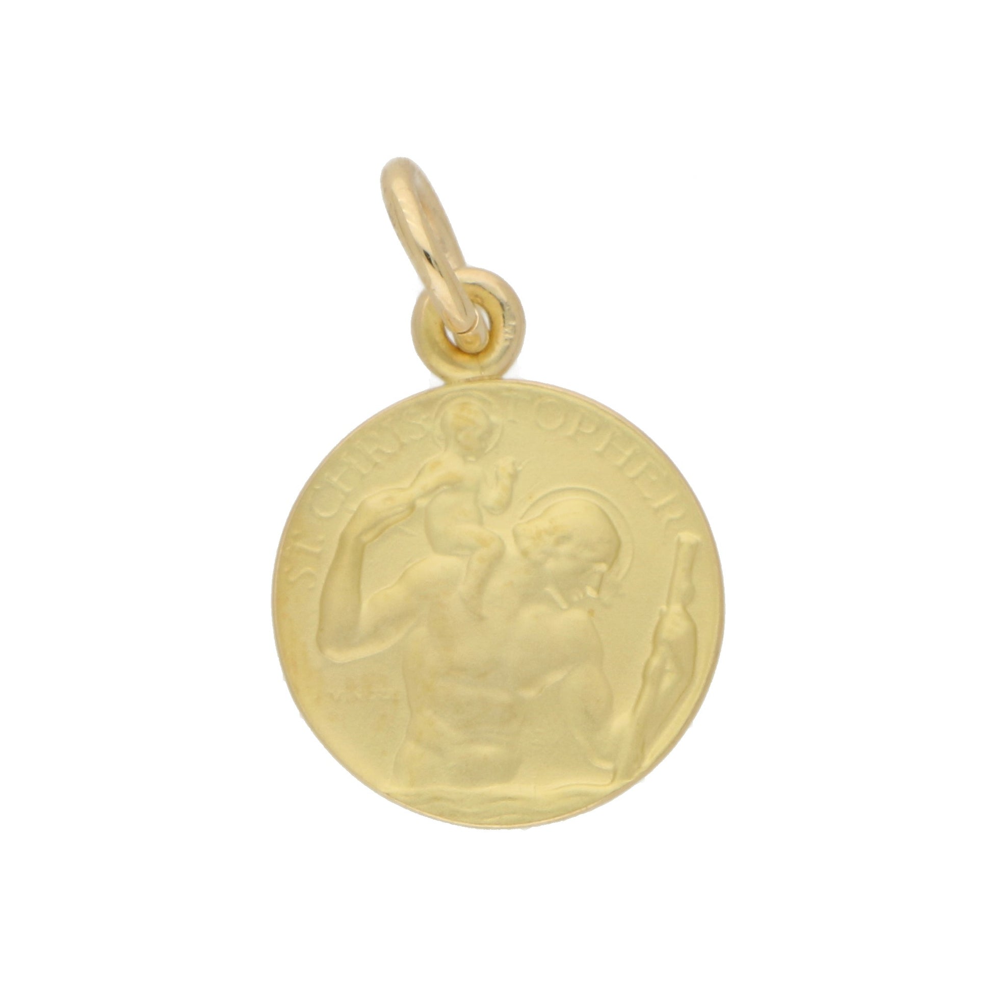 A yellow gold saint christopher pendant on a white background