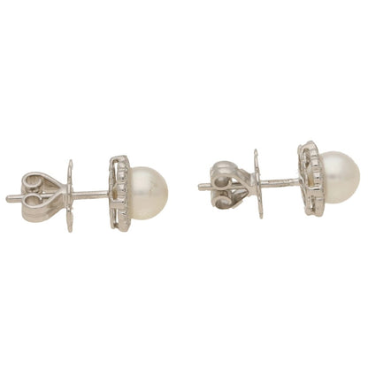 Contemporary Pearl And Diamond Cluster Stud Earrings In 18 Carat White Gold