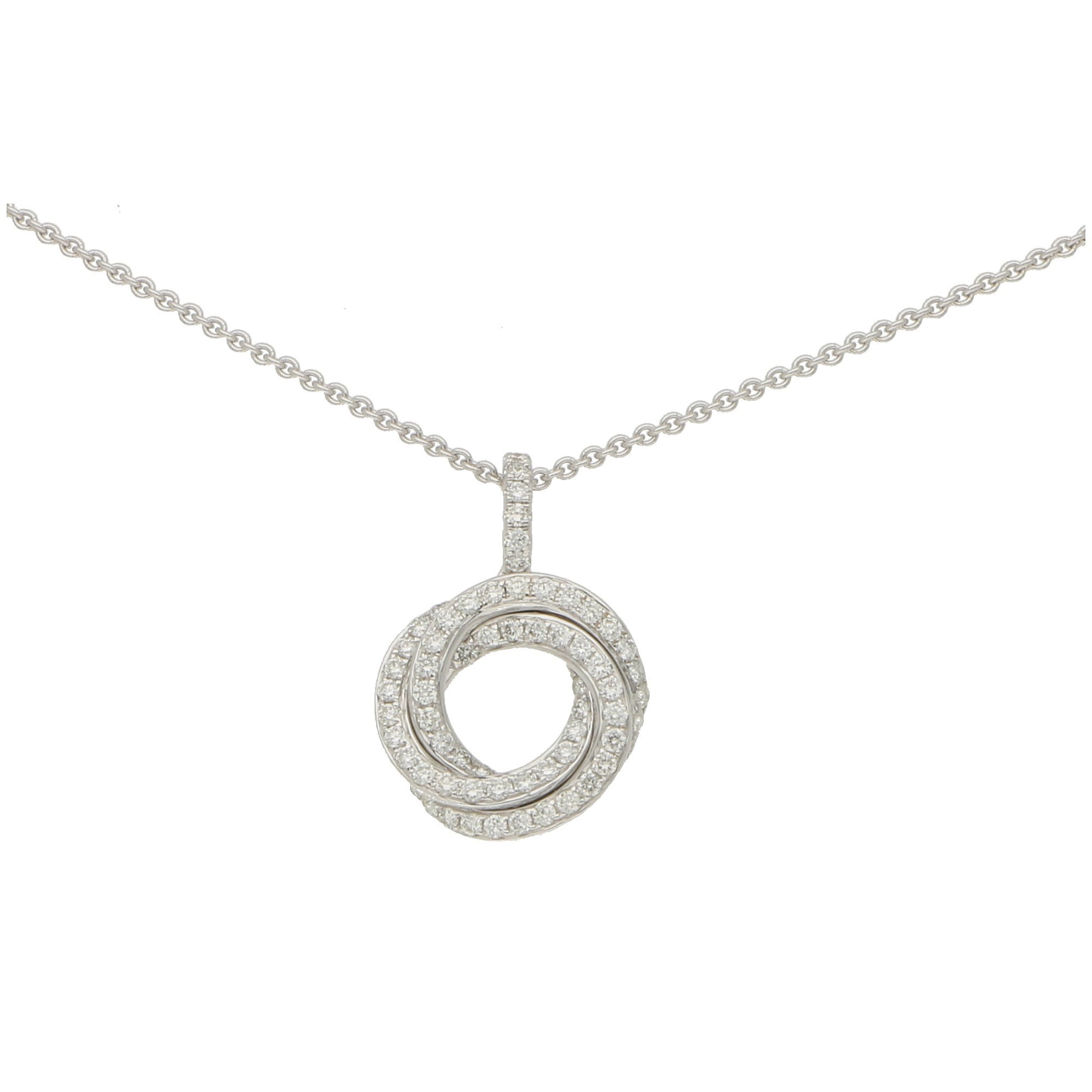 A white gold diamond set open circle pendant on a white gold chain