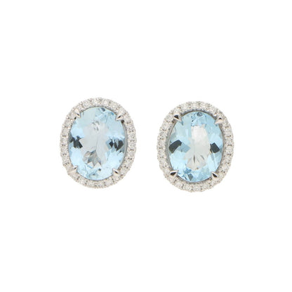 2.96ct Aquamarine and Diamond Oval Cluster Stud Earrings