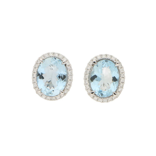 2.96ct Aquamarine and Diamond Oval Cluster Stud Earrings