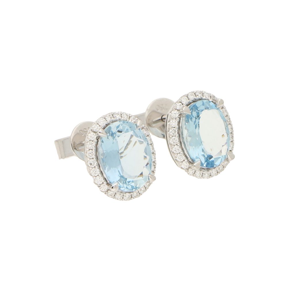 2.96ct Aquamarine and Diamond Oval Cluster Stud Earrings