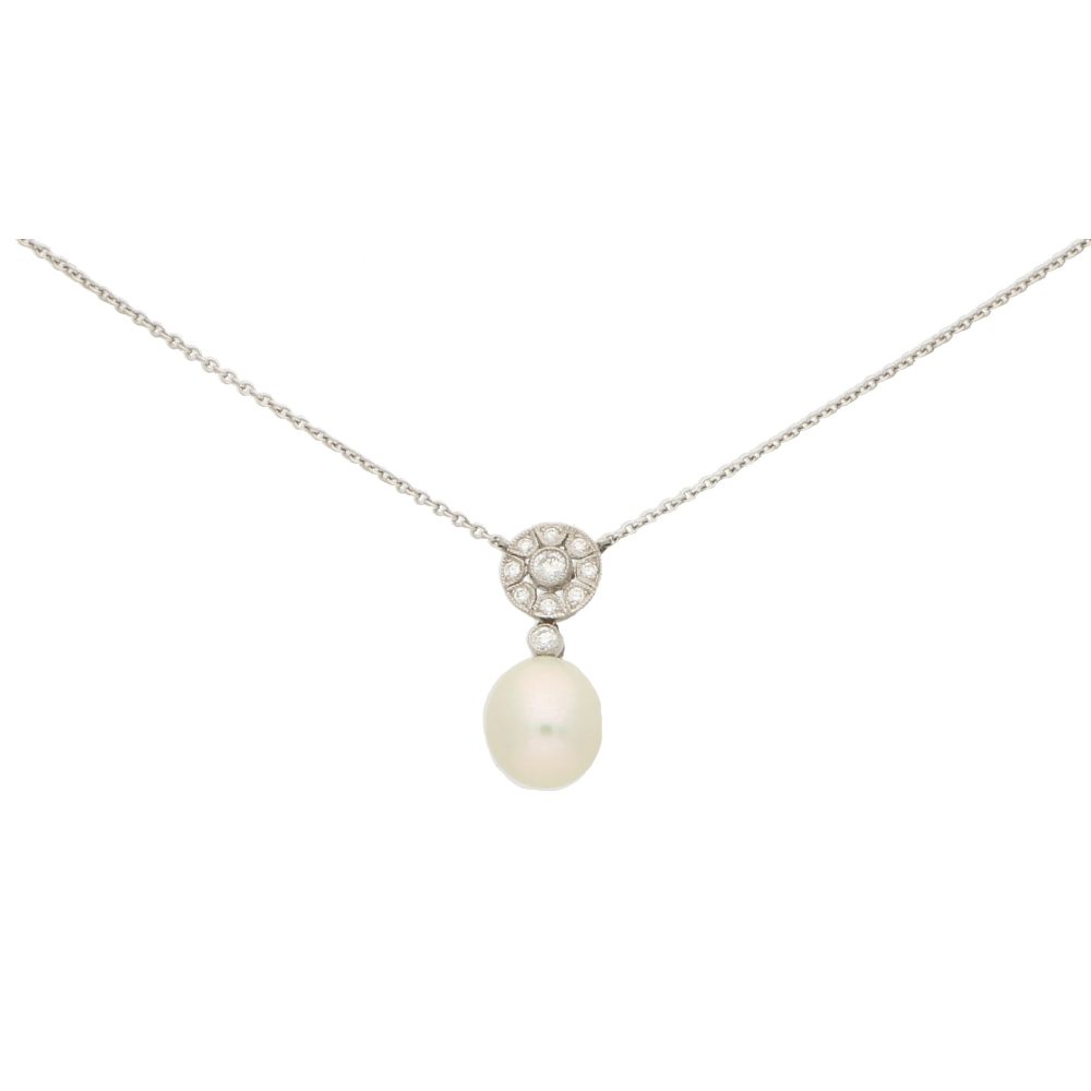 Pearl and Diamond Cluster Pendant Necklace