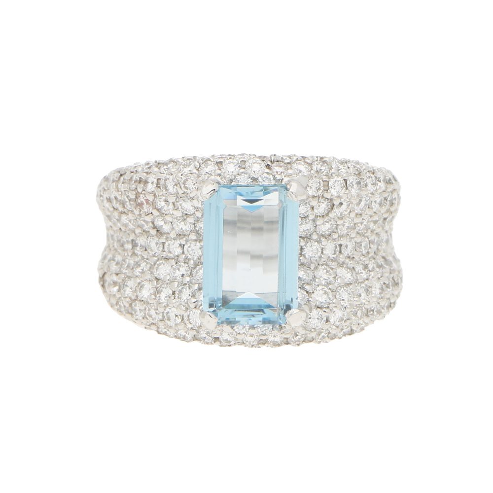 1.93ct Emerald Cut Aquamarine and Diamond Bombe Ring in 18ct White Gold