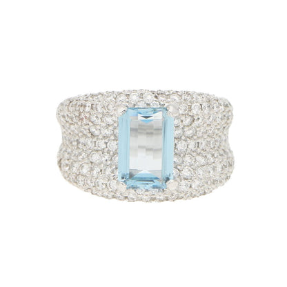 1.93ct Emerald Cut Aquamarine and Diamond Bombe Ring in 18ct White Gold
